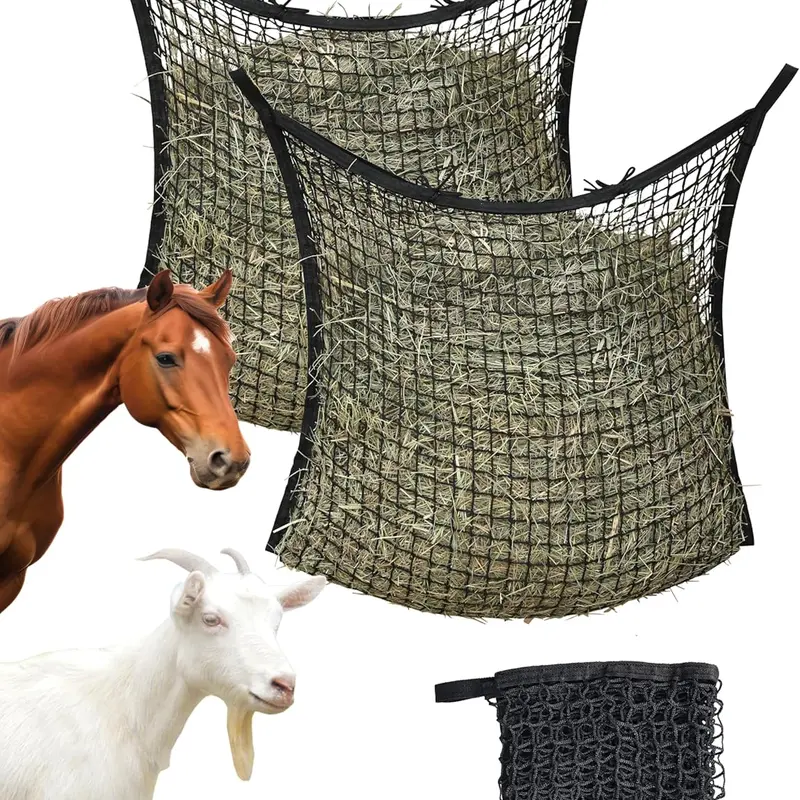 Harrison Howard Wider Opening Slow-Feeding Mesh Horse Hay Feeder, 24x35in Green Large Capacity Bag, 1-Hand Fill, Tight Knit Minimizes Loss, Compresses to 1/3 Size, Fold-to-Pocket Compact Storage, Reduces Waste, Promotes Health, Clean Elevated Feed
