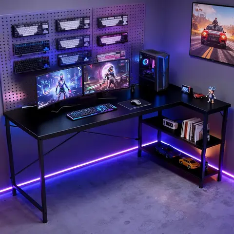 L Shaped Gaming Desk 39"/47"/55" Reversible Corner PC Desk with 7-Tier Storage Shelves, Heavy Duty Computer Desk with X-Brace Support for Gaming Setup & Home Office
