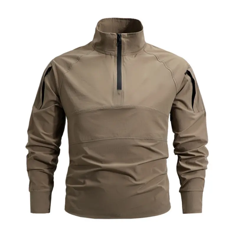 Men's Fitted Stand Collar Half-Zip Pullover Athletic Sweatshirt - Male Clothing, Raglan Sleeves, Zippered Side Pockets, Streamlined Panels, Tactical Vibe, Quick Dry, Sleek Tailored Silhouette - Ideal for Outdoor Hiking, Urban Wear