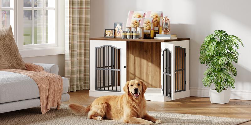 HOOBRO 39.4" Dog Crate Furniture, Heavy Duty Dog Kennel Indoor with 3 Doors, Dog Cage for Medium/Large Dogs, Decorative Pet House Side End Table TV Stand, White and Walnut