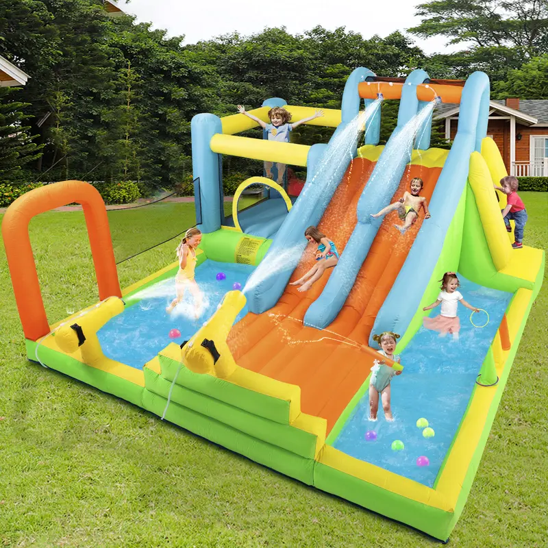 Inflatable Water Slide Adventure Giant Water Park Bounce House with 2 Long Slides Splash Pool Trampoline Climbing Wall Ring Toss Game 550W Air Blower for Kids Backyard Garden Indoor Outdoor Use