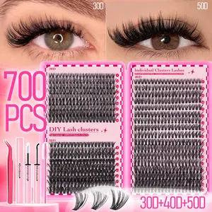 700pcs 3D Natural False Eyelashes Kit with Glue & Tweezer | Fluffy D Curl 9-16mm Mixed Styles DIY Lashes Clusters | Waterproof & Reusable Eyelash Extensions Set Makeup