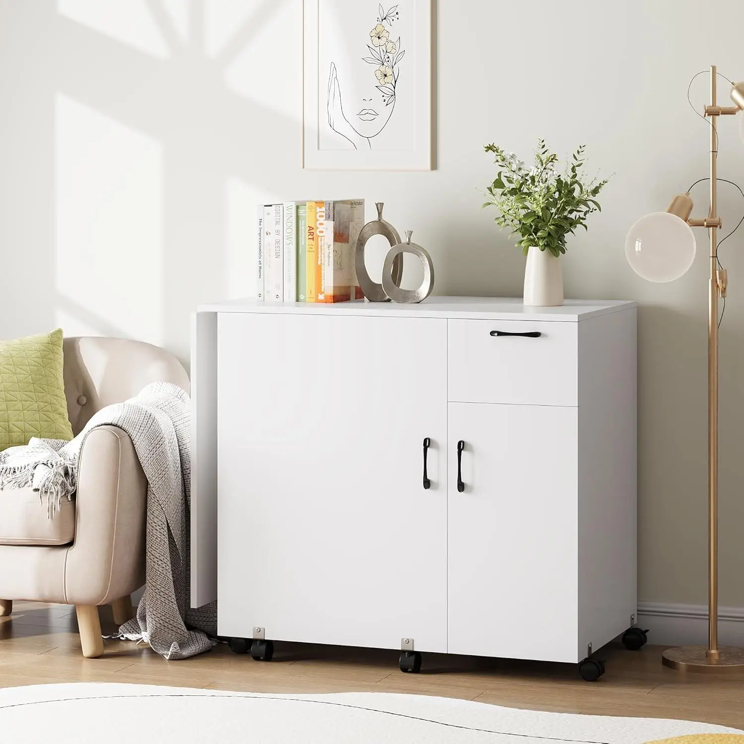White Folding Sewing Cabinet - Durable Construction Multifunctional Furniture with Storage Shelves, Sliding Drawer, Lockable Caster Wheels, Rolling Side Desk Craft Station for Home, Small Spaces