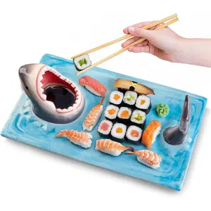 Light Blue Ceramic Shark Plate, Shark Sushi Plates, Funny Handmade Kitchen Salad Plates with Dipping Sauce Bowl, Microwave/Oven/Dishwasher Safe Plates, Holiday Birthday Gifts for Shark Party Lovers