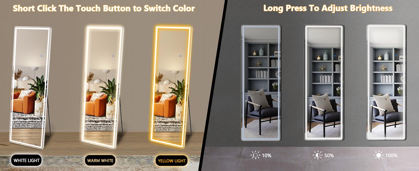 Full Length Floor Mirror with LED Lights, Dimming & Colors, Lighted Stand Mirror with Sturdy Aluminum Frame for Makeup, Try-On Haul, Bedroom Decor