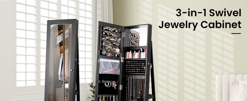 COSTWAY 360° Swivel Jewelry Armoire with Full Length Mirror, Standing Lockable Jewelry Cabinet Organizer, Large Storage Capacity, Inside Makeup Mirror, Back Storage Shelves -costst