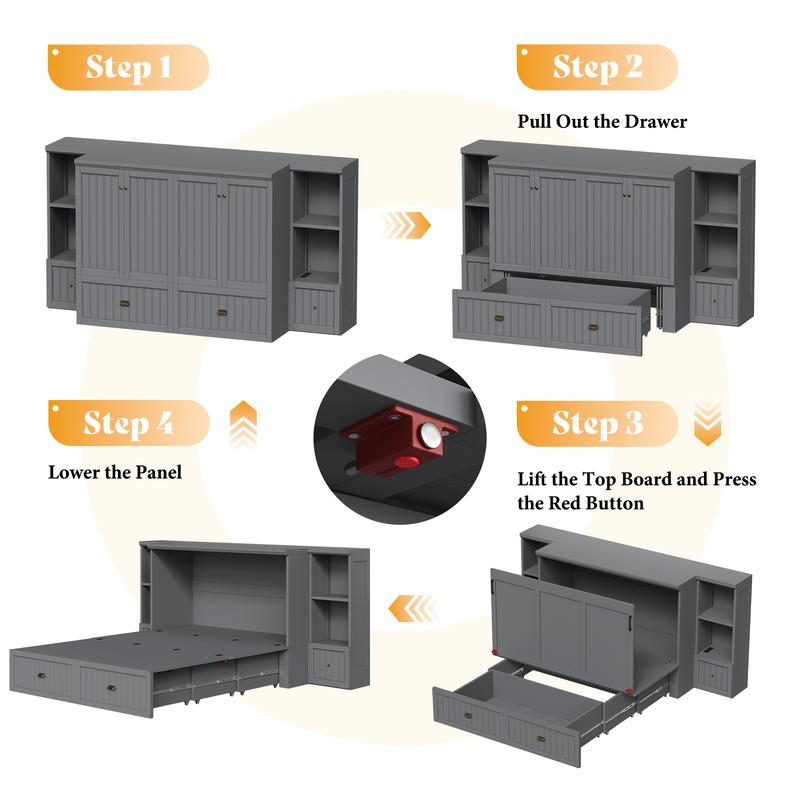 [Ships in 2 Boxes] AMERLIFE Murphy Bed with Bedside Tables, Foldable Cabinet with 3 Storage Drawers & Charging Station, Farmhouse Hideaway Bed for Bedroom/Office/Guest Room