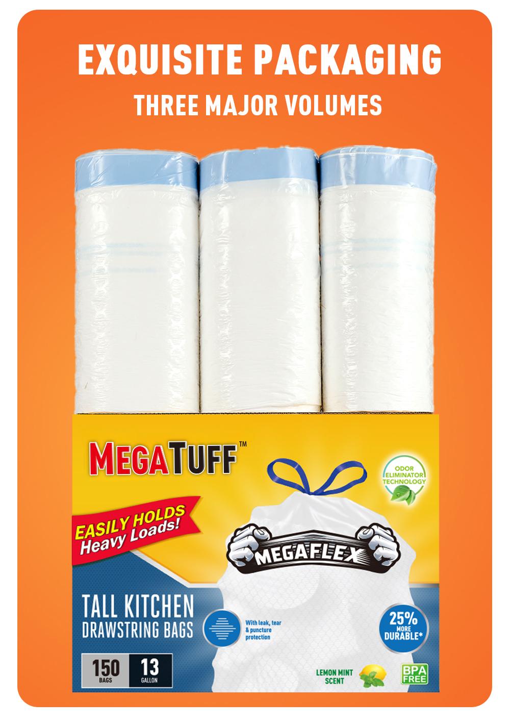 150 Bags 13 Gallon Boxed Disposable Non Tear Garbage Bag Puncture Tear Resistant Trash Bags, ODOR ELIMINATORTECHNOLOGY Kitchen Drawstring Garbage Bags Fresh Clean Scent With Lemon Mint Scent, 150 Count Easy To Usedrawstrings More Durable