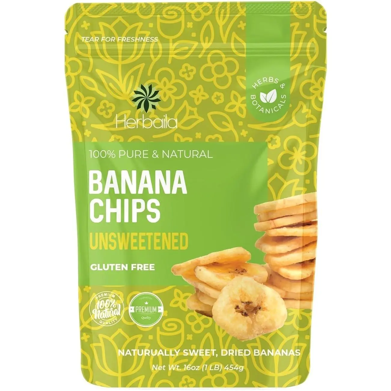 Herbaila Dried Banana Chips Unsweetened Bulk, 1 lb. Dried Bananas, Unsweetened Banana Chips, Dehydrated Bananas, Unsweetened Dried Banana slices, Banana Crisps. All Natural, Non-GMO, 16 oz.
