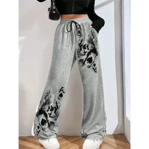 Halloween Women's Casual Loose-Fit Long Pants, Skull Poker Print, Daily Wear Fashion, Suitable for Home & Outdoor Activities
