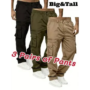 3pcs Men's Multi-Pocket Cargo Pants - Comfortable Polyester, Casual Outdoor & Workwear, Machine Washable, Solid Colors In Black, Olive Green, Beige, PLUS SIZE