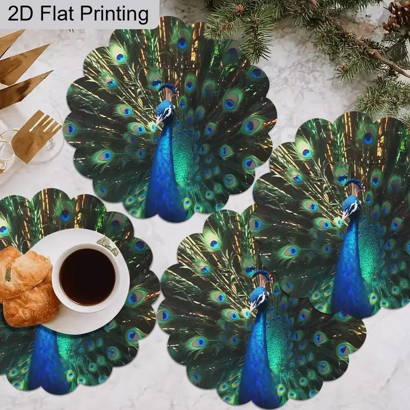 Elegant Peacock Design Table Mats Set of 4, High-Quality Fabric Material, Perfect for Home Decor & Party Use, Dining Accessories, Round Coaster, Table Placemats