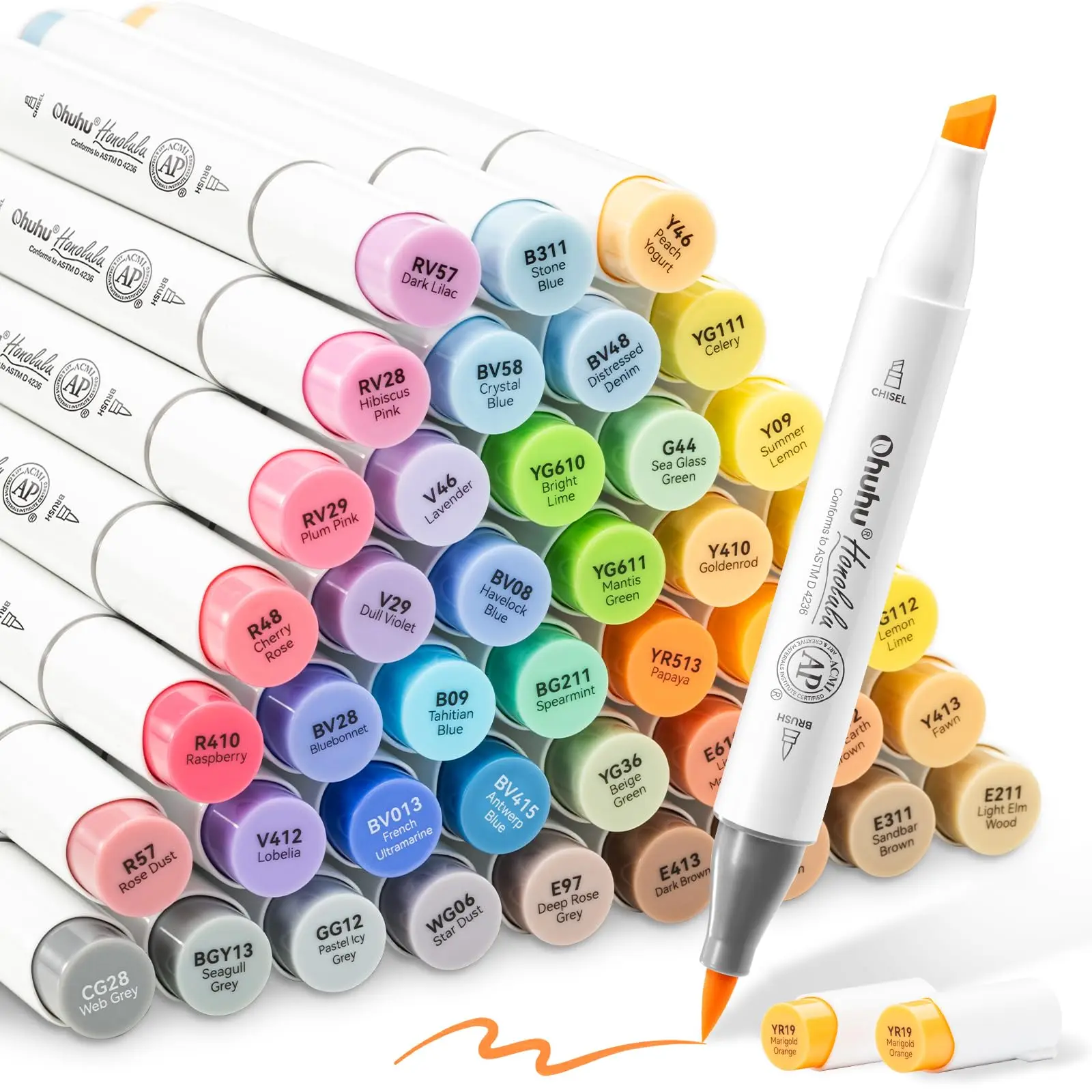 Ohuhu Alcohol Markers: Brush& Chisel / Fine - 48 Mid-tone Colors for Adult Coloring | AP Certified Refillable Art Marker, Dual Tips Alcohol-based for Artists Beginners Drawing Illustration Sketching, Honolulu & B Series of Ohuhu