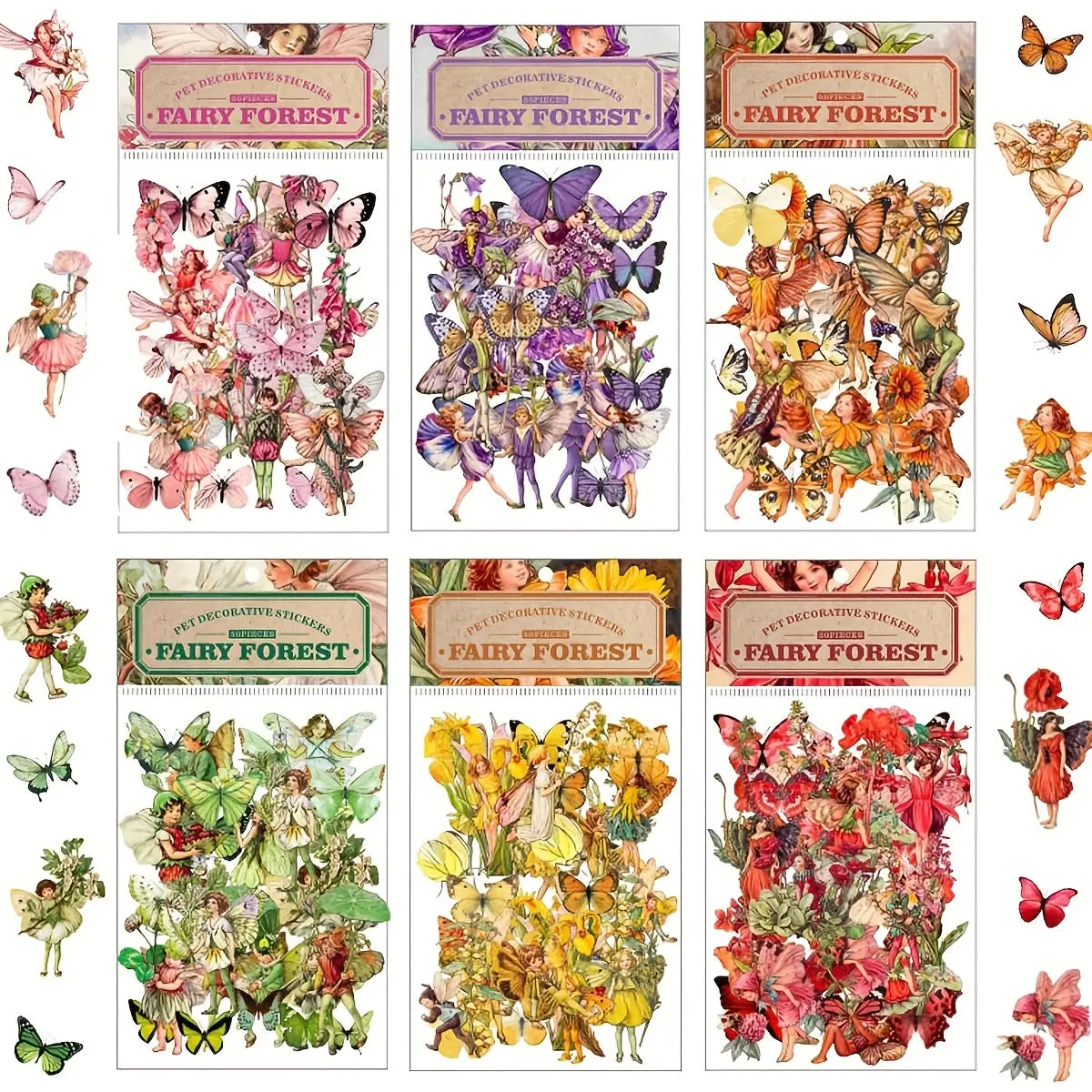 Vintage Floral Fairy Motifs Pressure-Sensitive Removable Auto-Adhesive Transparent PET Labels & Stickers - 300-pc Magic Set, 4-6cm, Durable, Fade-Resistant, Water-Resistant Office Stationery for Scrapbooking Ideas