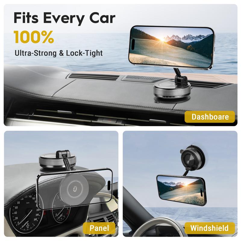 Strong Magnetic Car Phone Holder for iPhone 15/14/13/12 - 360° Rotating Foldable Vacuum Suction Mount Fits All Cars & Phones