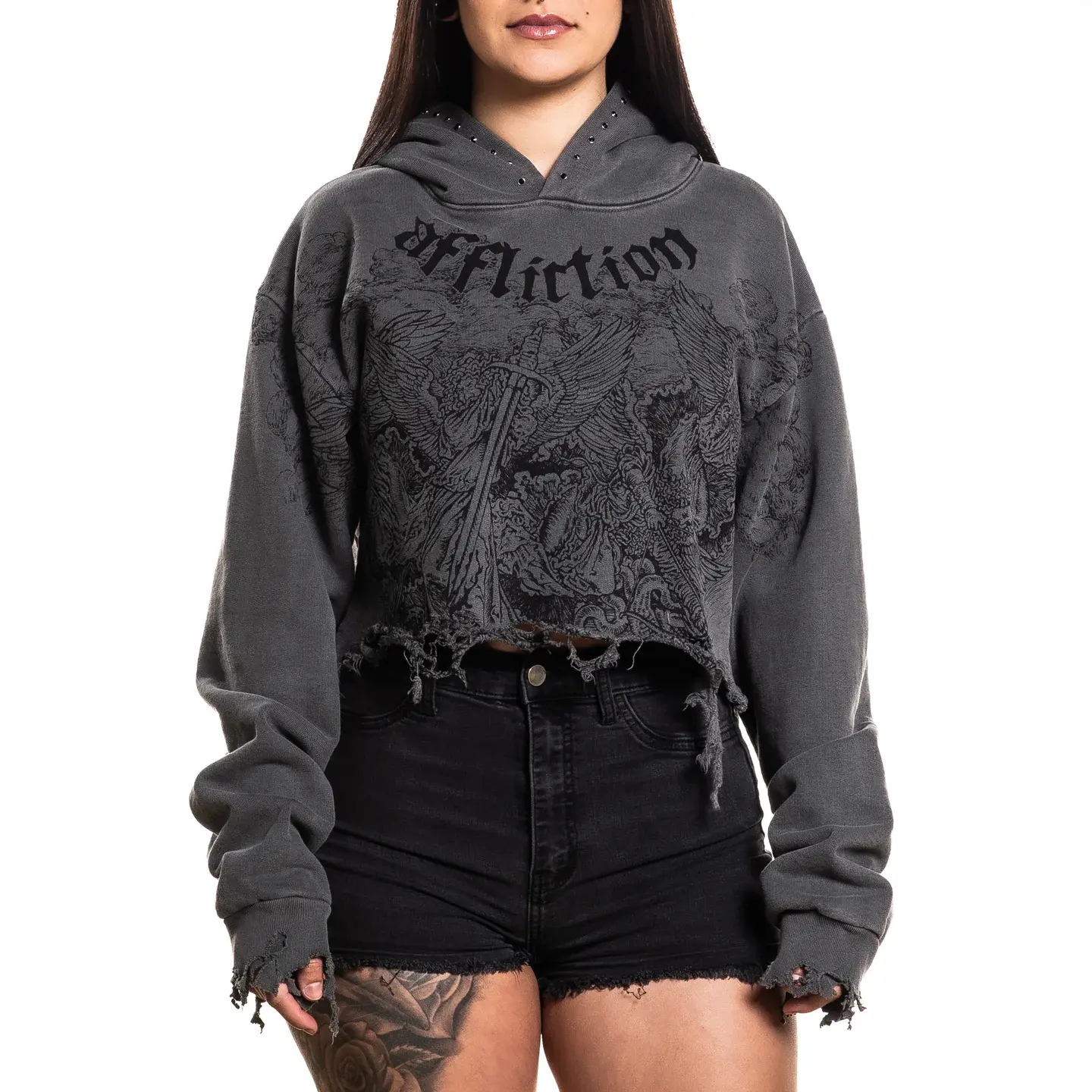 Affliction Women's Angels Crop Hoodie - 100% Cotton Longsleeves Pullover Sweatshirt, Casual Distressed Rhinestone-Embellished Dark Aesthetic Punk Layering Top for Casual OOTD, Tops, Rhinestones, Hoodies For Women, Casual Wear