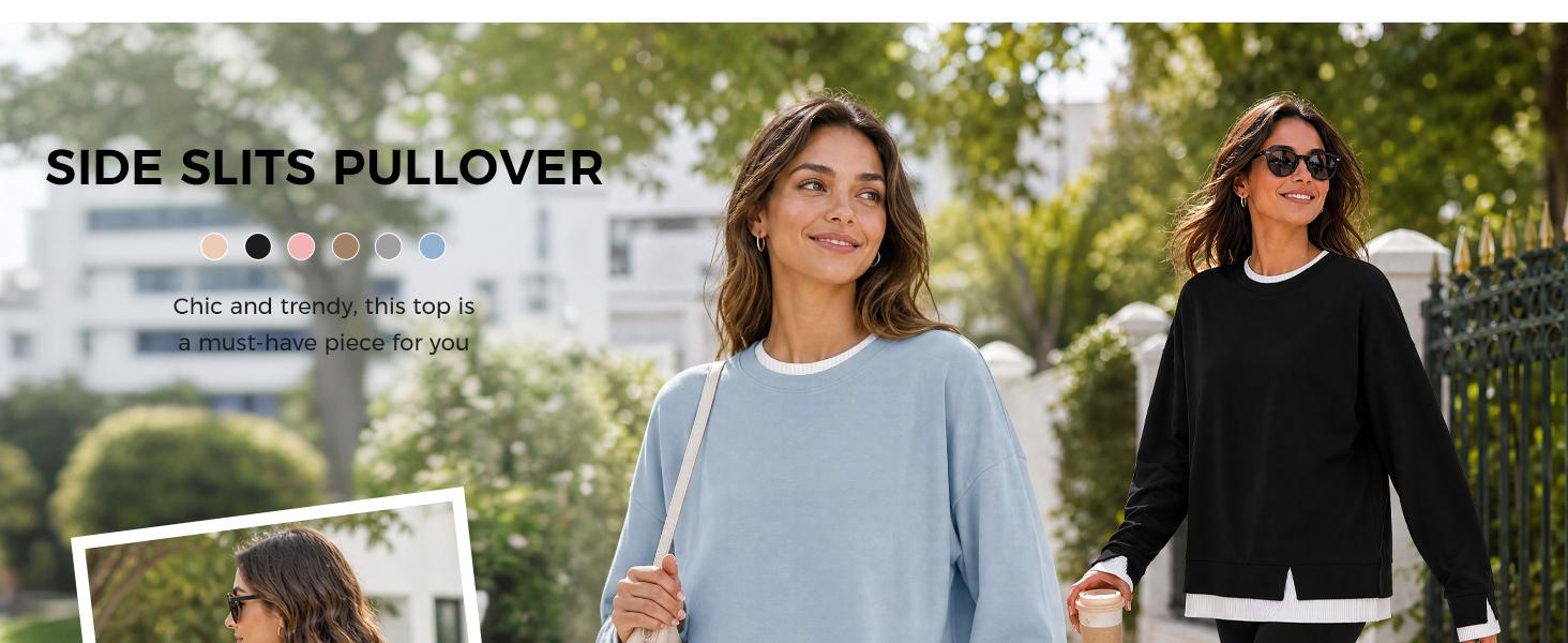 Fisoew Women's Fake Two Piece Layered Sweatshirt Air Layer Fabric Hoodie Crew Neck White Ribbed Cuff & Hem Patchwork Drop Shoulder Oversized Long Sleeve Pullover Top Hoodie Fit Casual,back to school,back to school shopping