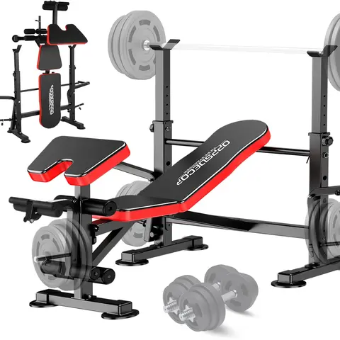 OPPSDECOR 6-in-1 Adjustable Lifting Bench Set - 900LBS Foldable Bench Press Rack with Leg Extension Machine, Leg Curl, Preacher Curl, Anti-Slip Base, Sweat-Proof, Tear-Resistant Home Exercise Equipment (Weights & Dumbbells Not Included)