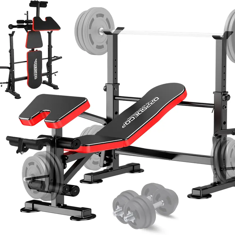 OPPSDECOR 6-in-1 Adjustable Lifting Bench Set - 900LBS Foldable Bench Press Rack with Leg Extension Machine, Leg Curl, Preacher Curl, Anti-Slip Base, Sweat-Proof, Tear-Resistant Home Exercise Equipment (Weights & Dumbbells Not Included)