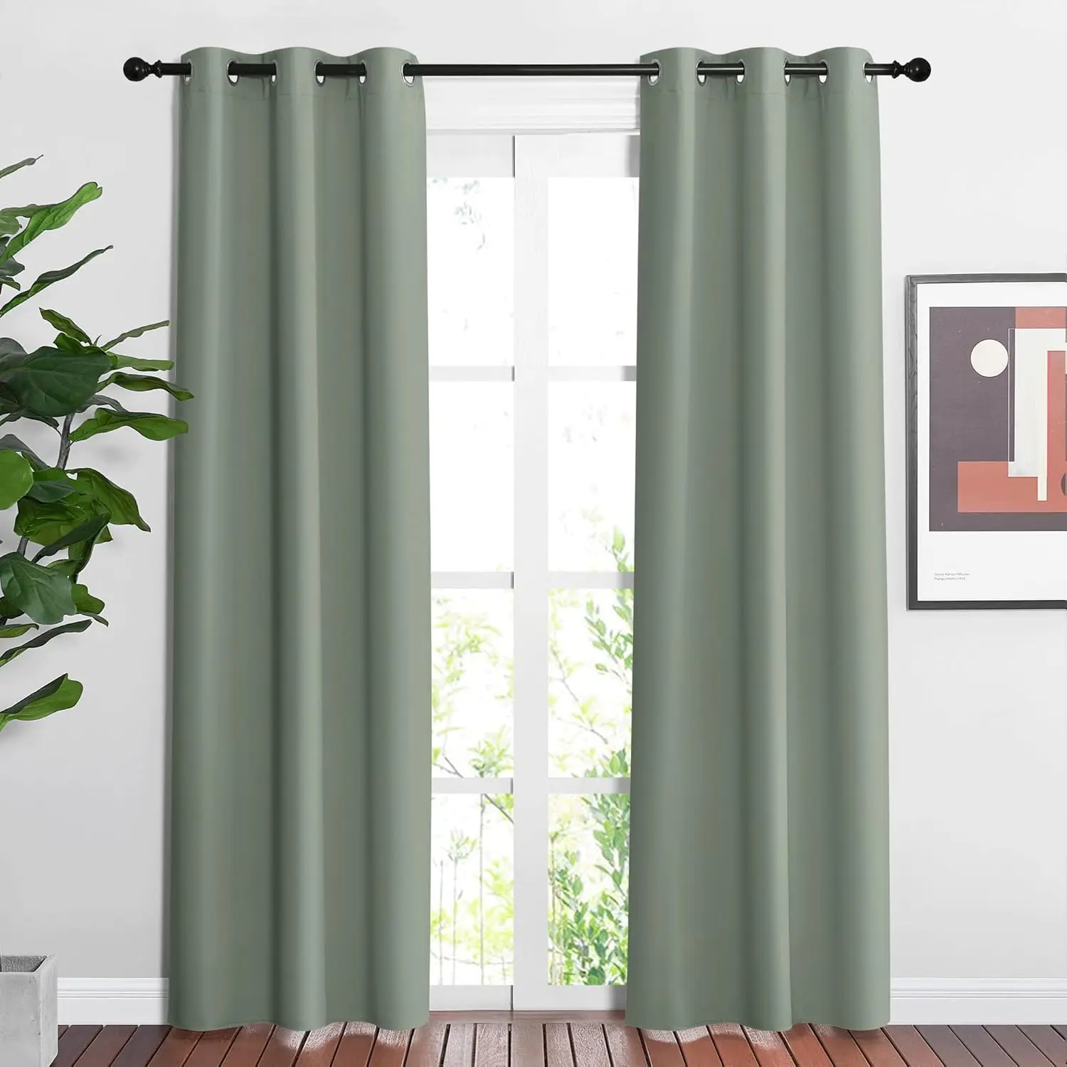 NICETOWN Sage Green Blackout Finished Curtains - Thermal Insulated Grommet Window Hanging, Dark Curtains with Soundproofing Help, 2 Panels (W37 x L84) for Bedroom, 86°F Machine Washable Window Treatments, Finished Curtain, Wrinklefree Drape