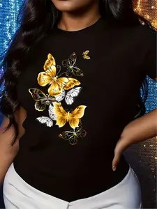 [Casual Style]Women's Casual Butterfly Print T-Shirt- Short Sleeve, Round Neck, Soft Polyester, Machine Washable, Yellow and Black Pattern Design, Comfortable Fit for All Seasons, Casual Wear Top |   Fashion Casual Wear |   Medium Elasticity