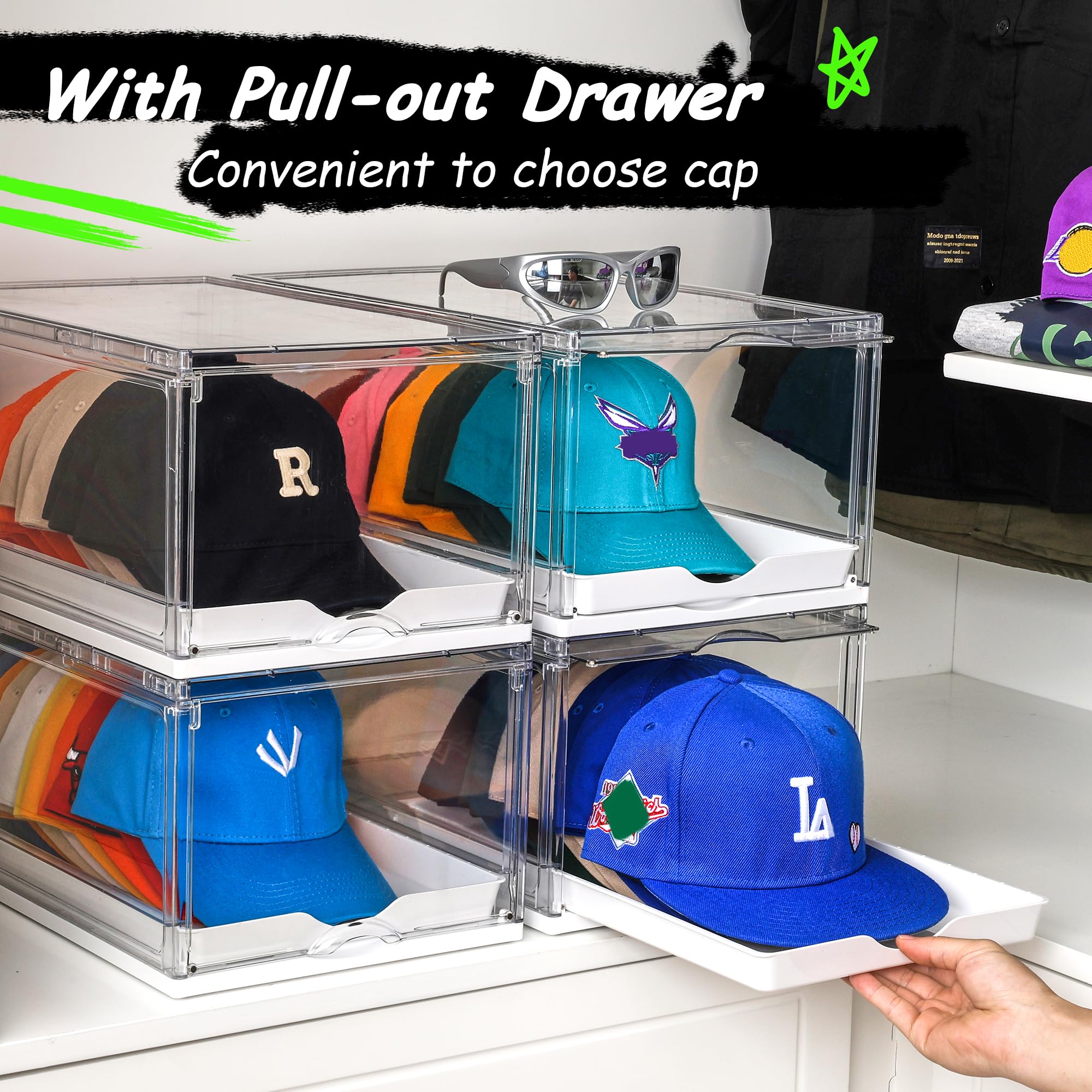 Vtopmart Hat Organizer for Baseball Caps,clothing with Clear Holder Box, Large Cap Storage with Sliding Tray, Stackable Rack Display Case & Magnetic Door