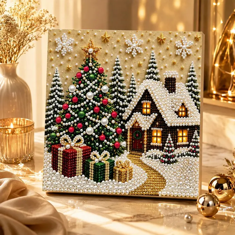 DIY Christmas Diamond Art Kits with Frame, 11.8in x 11.8in Pearl Beads Gemstone Dot Craft Supplies for Adults, Home Wall Decor Statue Figurine