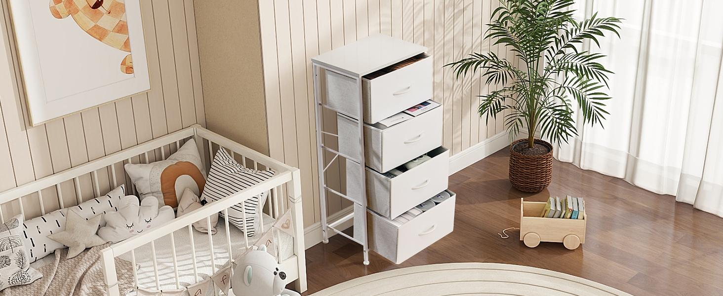 Dresser for Bedroom 4 Storage drawer, Fabric Closet Chests Organizer Tower with Wooden Top Metal Frame for Living Room Hallway Entryway