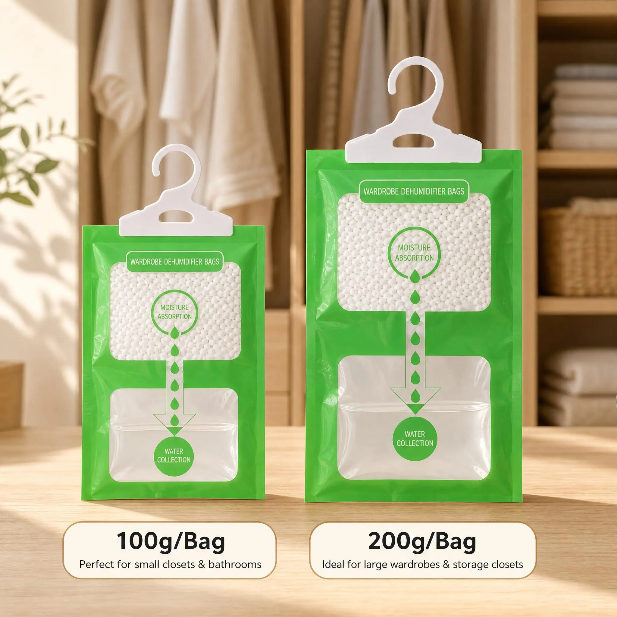 Solid Hangable Fragrance-Free Dehumidifier Bags (8PCS, 100g/200g Optional) - Hook-Equipped Humidity Absorbent Damp Removers with Camphor Blocks, Wooden Holder, Hangs in Place, Saves Storage Space, Great for Home & Office Indoor Mold Prevention, Indoors