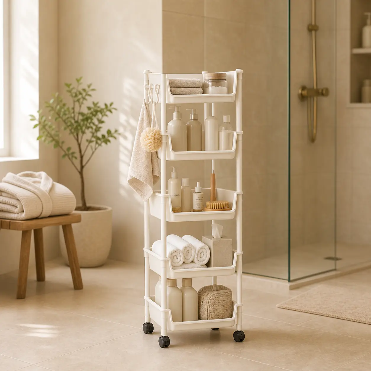 【US】PeaWove 5-Tier Plastic Storage Organizer Basket on Wheels | Open-Front Mobile Rolling Utility Cart for Toys Living Room Bedroom