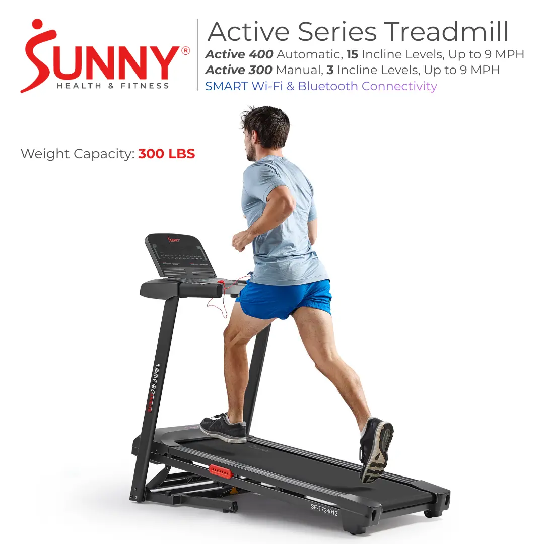 SUNNY Active 400 Series Foldable Treadmill Smart Wi-Fi Bluetooth Home Gym Workout Fitness Running Machine Automatic and Manual Incline 16" x 50" Running Deck Up to 9 MPH 300 lbs Capacity Shock Absorbent LED Display Indoor Cardio Exercise Equipment