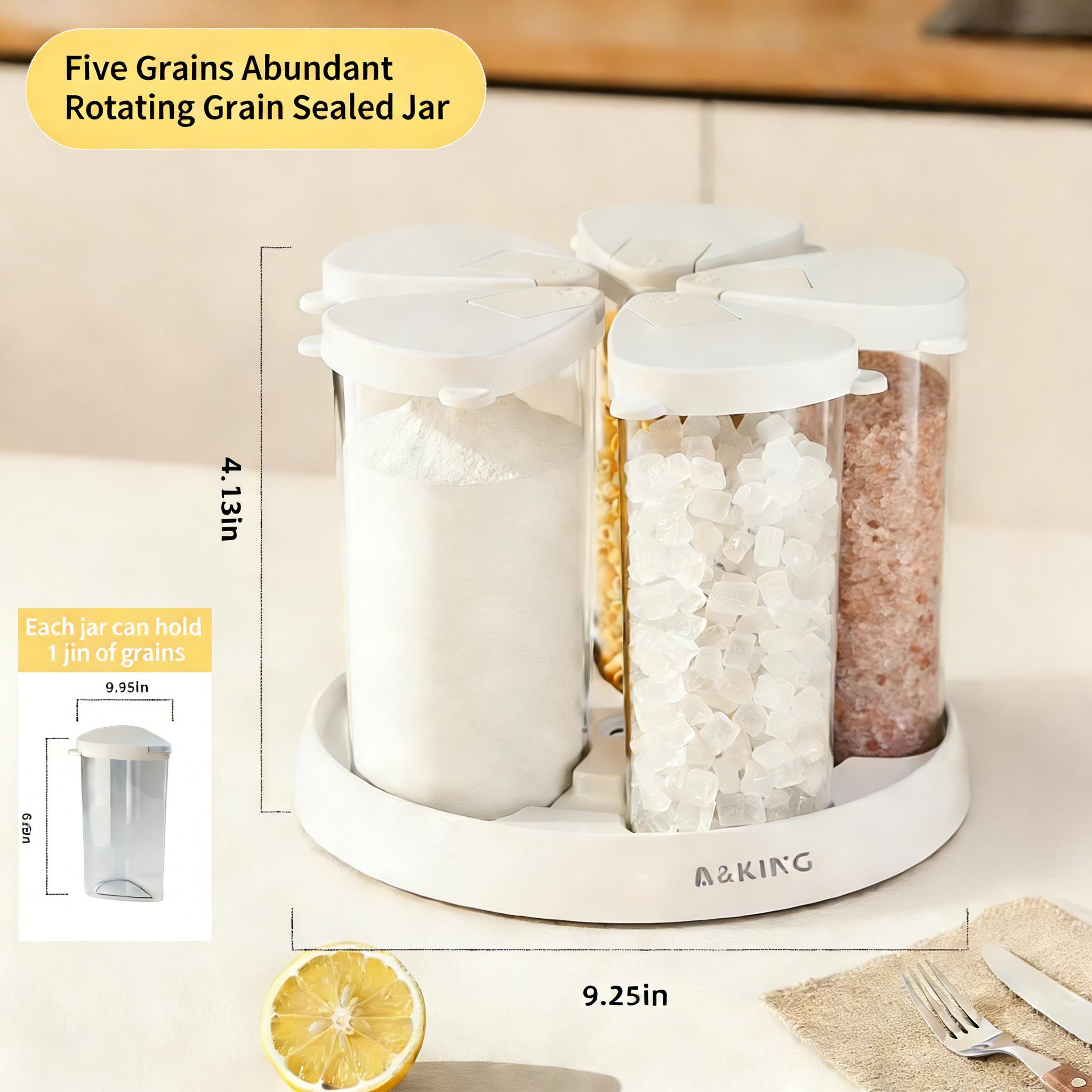 UFORU Rotating Grain Storage Jar, Five-Grain Rice Storage Container, Compact Divided Storage Box Ideal for home kitchens, features airtight moisture-proof design and transparent practicality. Perfect for organizing essentials and makes a thoughtful gift.