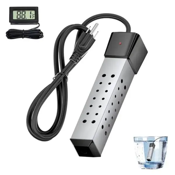 2000W Small Compact Square Immersion Water Heater for Household Appliances, 304 Stainless Steel Rust-Proof Guard, LCD Display Thermometer, Digital Thermostat Control, Leakproof PVC Skin, Fast 5gal Warming for Buckets & Bathtubs