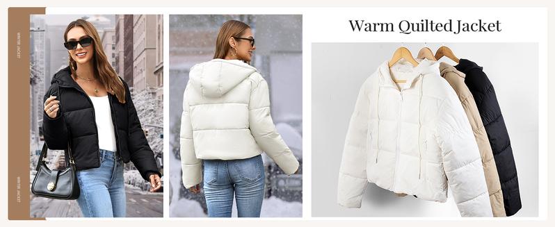 Arssm Women’s Cropped Hooded Quilted Coat – Lightweight Zip-Up Winter Jacket with Pockets for Warmth & Casual Street Style