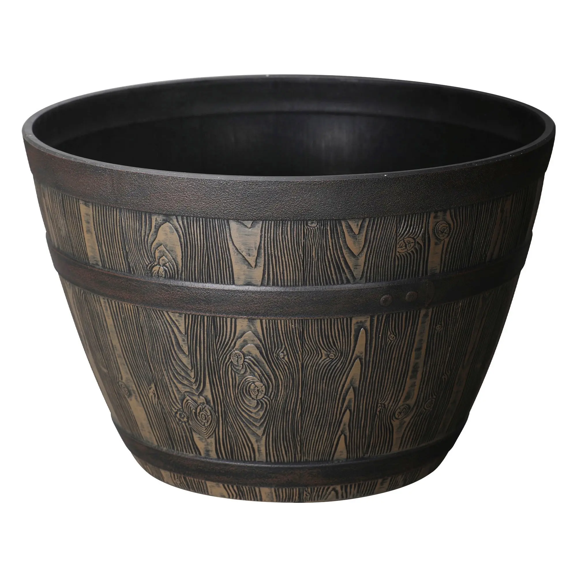 Rustic Look Whiskey Barrel Planter, Brown, 19.9x19.9x13 in - 100% Recycled Resin Pot with Drainage Holes - UV Resistant for Indoor Outdoor Use