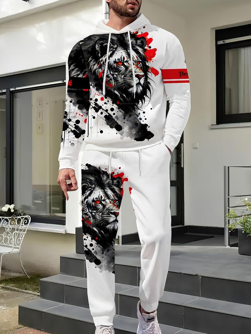 Men's casual 2-piece set, lion ink print hoodie and sweatpants, spring and autumn fashion outfit