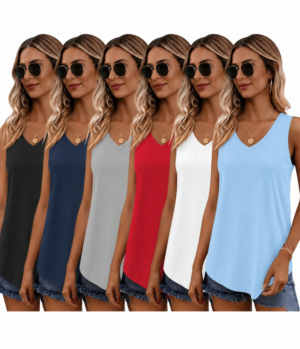 Women's 6-Pack Basic Workout Sets - Quick Dry V-Neck Sleeveless Comfortable Athletic Tops, Casual Everyday Breathable Fabric for Gym Running