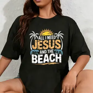 Women's 100% Cotton Casual Short Sleeve Crew Neck Unisex Christian Faith Print T-Shirt - For Jesus & Beach Ocean Summer Use