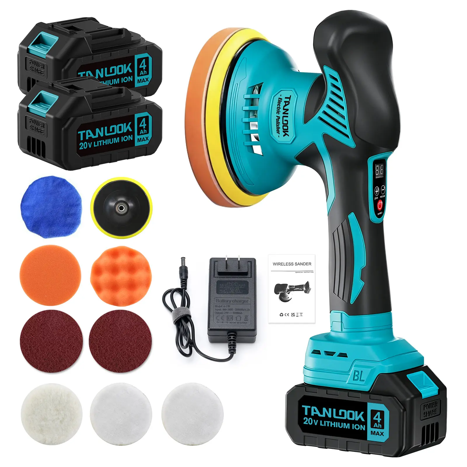 Tanlook20V Brushless Cordless Car Polisher, Lithium Battery Powered Dual Action Buffer Polisher with 2 Rechargeable Batteries & Fast Charger, Ideal for Car Waxing and Scratch Repair