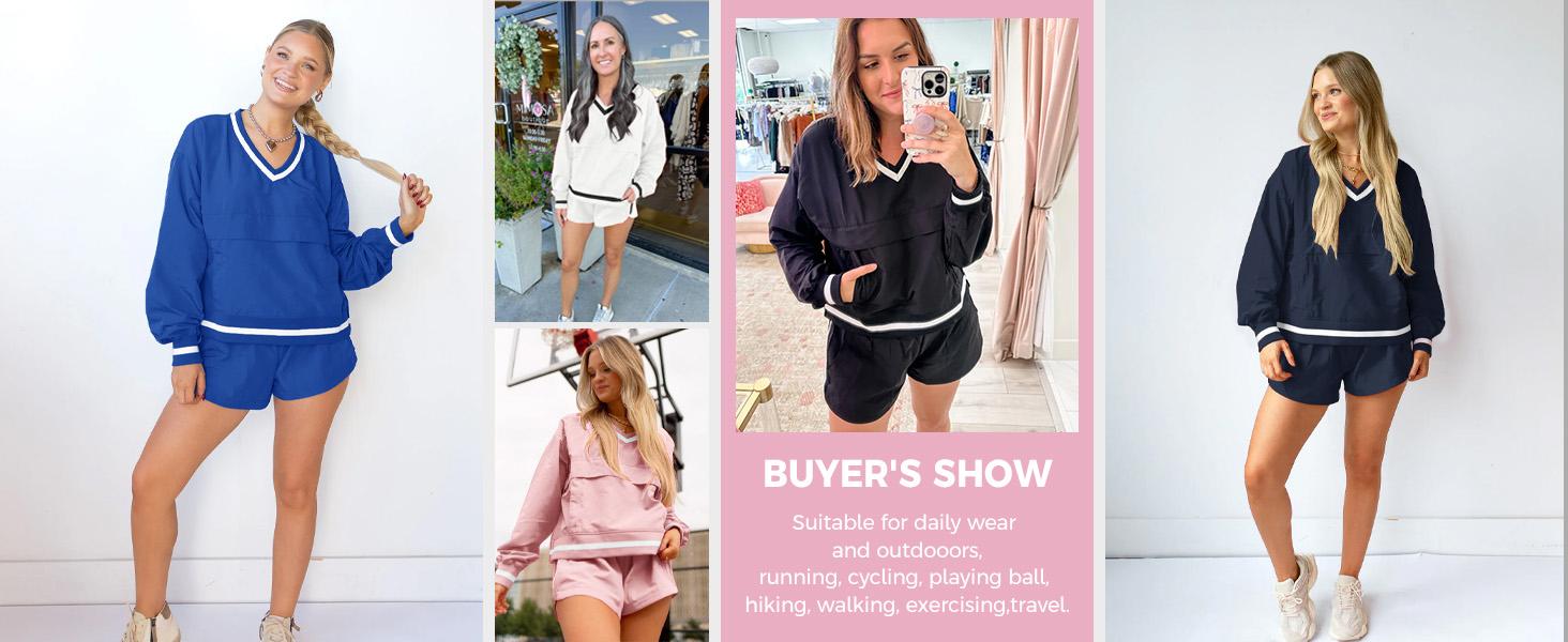 Fisoew Womens 2 Piece Outfits Long Sleeve V Neck Sweatshirt High Waist Running Shorts Sets Loose Fall Workout Tracksuits Outdoor Sports Fabrics Athleisure Set Outfit SpringStatements