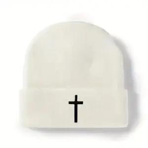 Faith Cross Embroidery Graphic Beanie Black & White Elastic Knit Hats Unisex Skull Cap Cuffed Beanies For Women Men