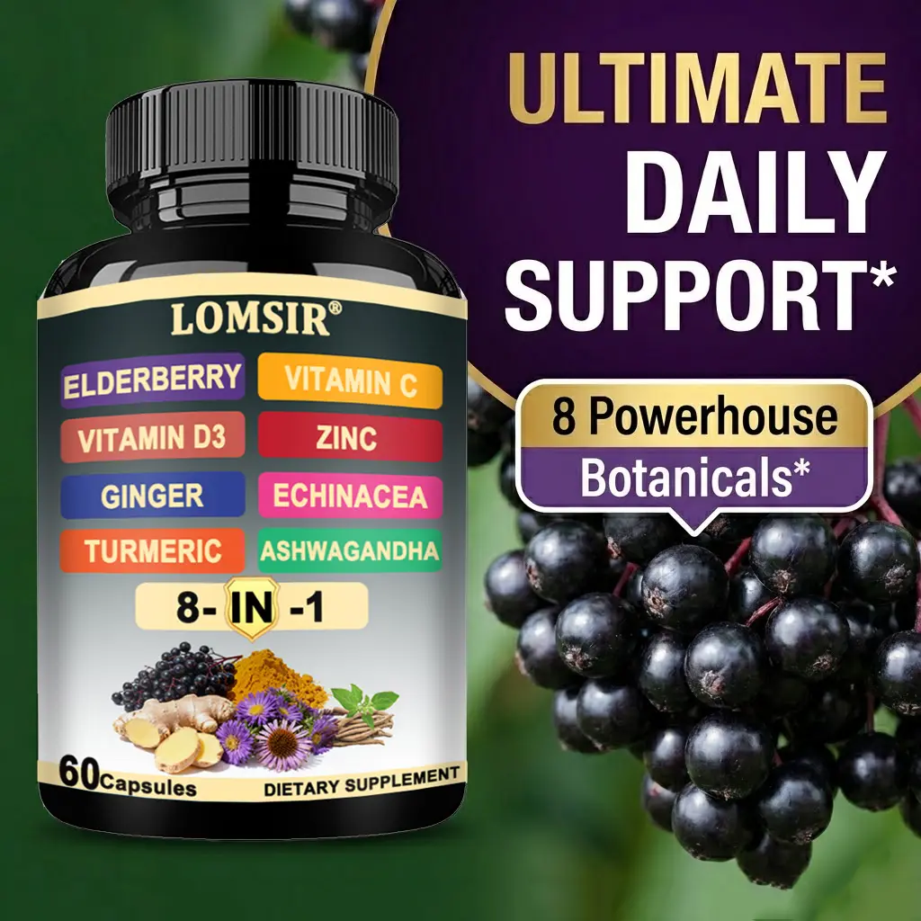 Elderberry Immune Support Supplement 8-in-1 Formula with Echinacea, Vitamin C & Zinc, Vitamin D3, Turmeric, Ginger, Ashwagandha – 60 Capsules