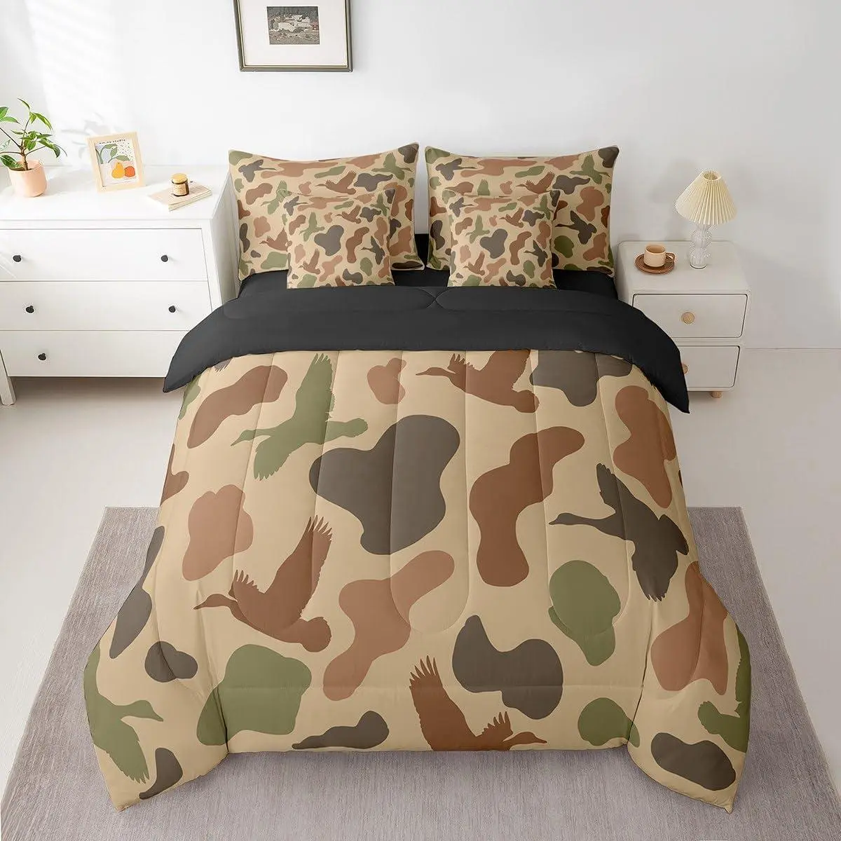 Camo and Duck Bed Set Duck Hunting 7 Pieces Bedding Set Women Men Ultra Soft Duck Hunter Bed Set Includes Comforter,Sheet Set,Pillowcases Brown Green Room Decor