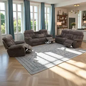 Oversize Manual Corduroy Living Room Recliner Sofa Set, Corduroy Sofa Couch Set with Drop-Down Table and Cup Holder for Living Room/Apartment/Office (Dark Brown, Sofa Loveseat Chair)