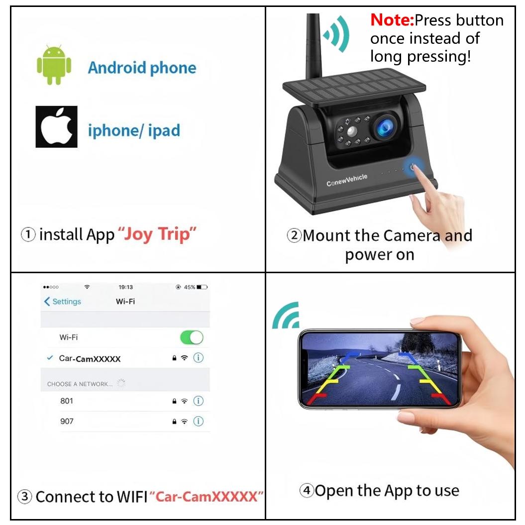 ConewVehicle WiFi Magnetic Solar Wireless Backup Camera,1080P HD Rear View for Truck/RV/Trailer/Car,24H Long Battery,Infrared Night Vision,Waterproof,Recording,Easy & Safe Parking
