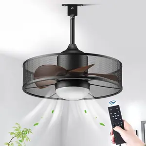 Modern Caged Ceiling Fan with Light, Black Enclosed Ceiling Fan with Remote Control for Bedroom and Living Room