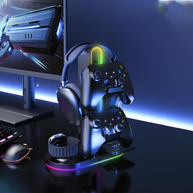 HiWe Universal RGB Gaming Headphone Stand with 2 Controller Holder, Wireless Charger for iPhone/iWatch,  Non-Slip Base, with USB-A & USB-C Outputs