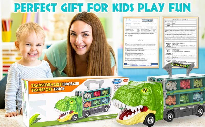 Durable Garage Multifunction Dinosaur/Princess/Unicorn Truck Toys for 2-7 Year Boys & Toddlers Foldable Track 2 Player Race Mode Light Sound Transport Carrier with 6 Dino Cars 12 Accessories Birthday Christmas Gift Idea for Kids Girls