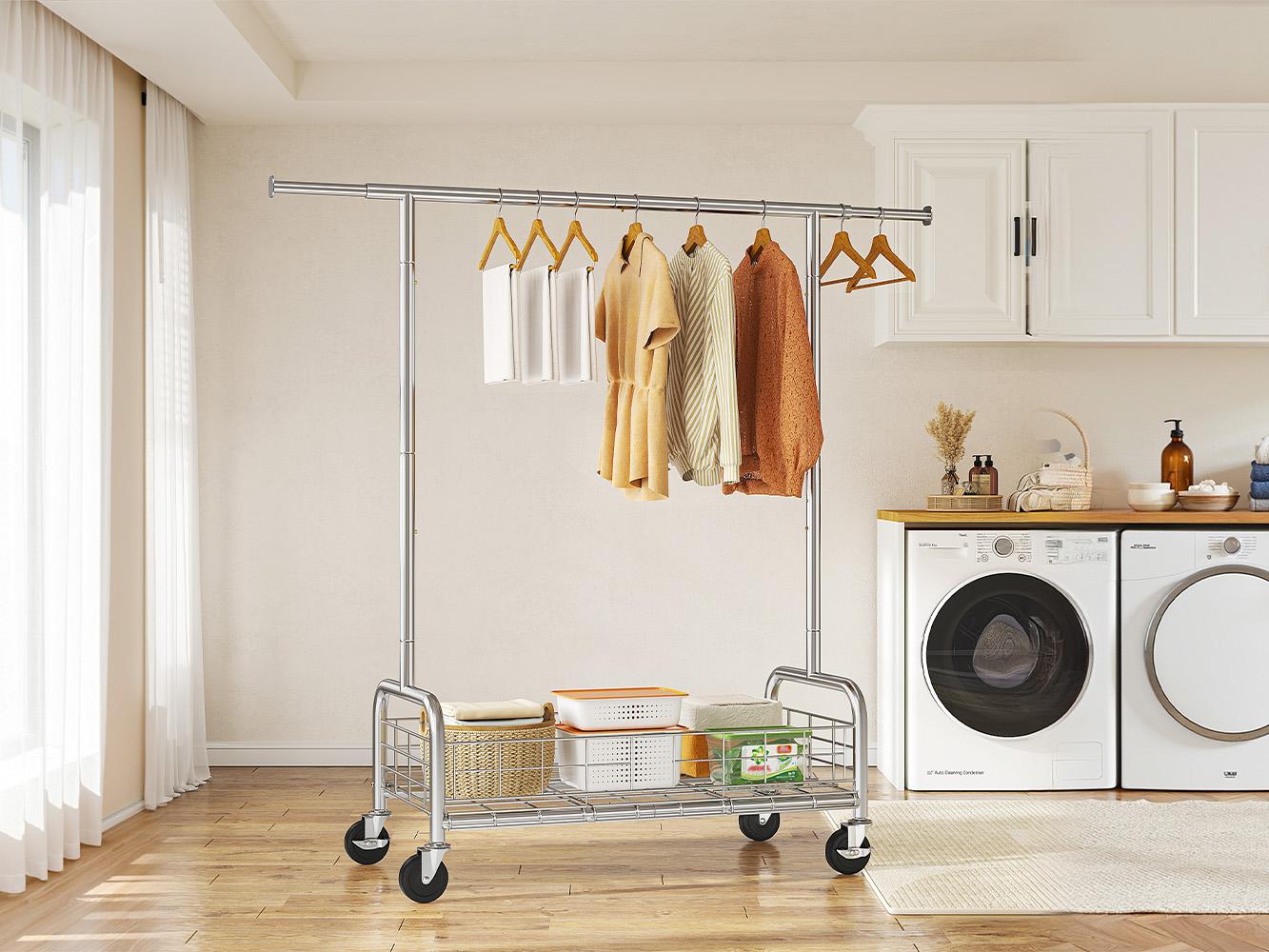 Raybee Clothes Rack Load 400 LBS, Rolling Heavy Duty Clothes Rack with Sturdy Wheels & Basket, Portable & Adjustable & Commercial Garment Rack, Chrome