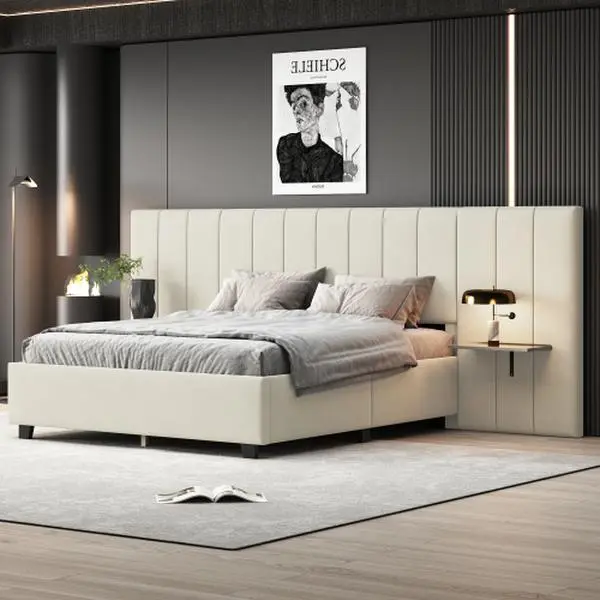 [Bellemave]Queen Size Upholstered Platform Bed with Big Headboard, Bedroom Furniture, Velvet